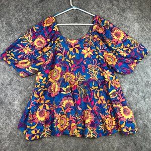 Terra Sky Top 2X Off Shoulder Bright Floral Boho Cottagecore Hippie Tiered Flowy